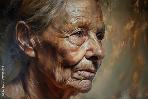 Older woman with a wrinkled face depicted in painterly manner. Concept of skin aging, loss of elasticity and natural color
