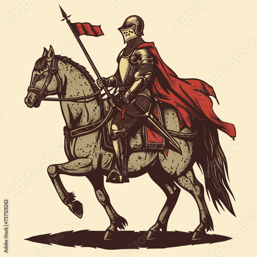 Medieval knight on horse.King.Rider in mail armor on horseback.Old style, vector graphic, white background
