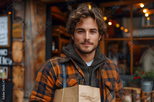 Man Holding Brown Paper Bag Outside Store