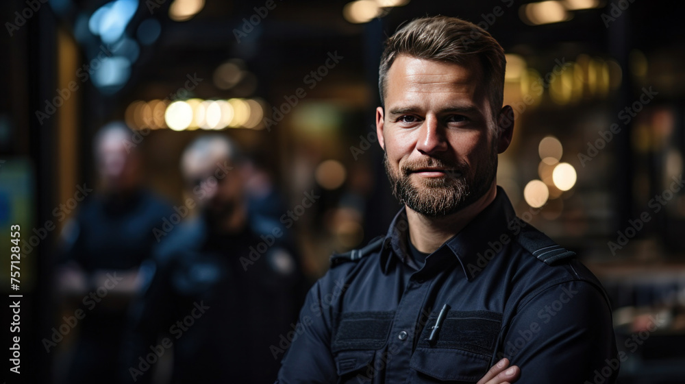A man and security guard for police service, backup support and safety. A man and security guard for police service, backup support and safety.