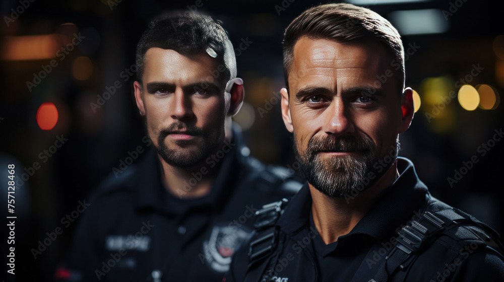 A man and security guard for police service, backup support and safety. A man and security guard for police service, backup support and safety.