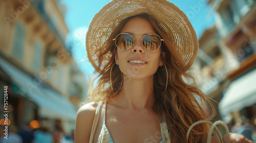 Fototapeta Naklejka Na Ścianę i Meble -  A beautiful model woman walking with shopping bags buying clothes in stores on a city street in france.