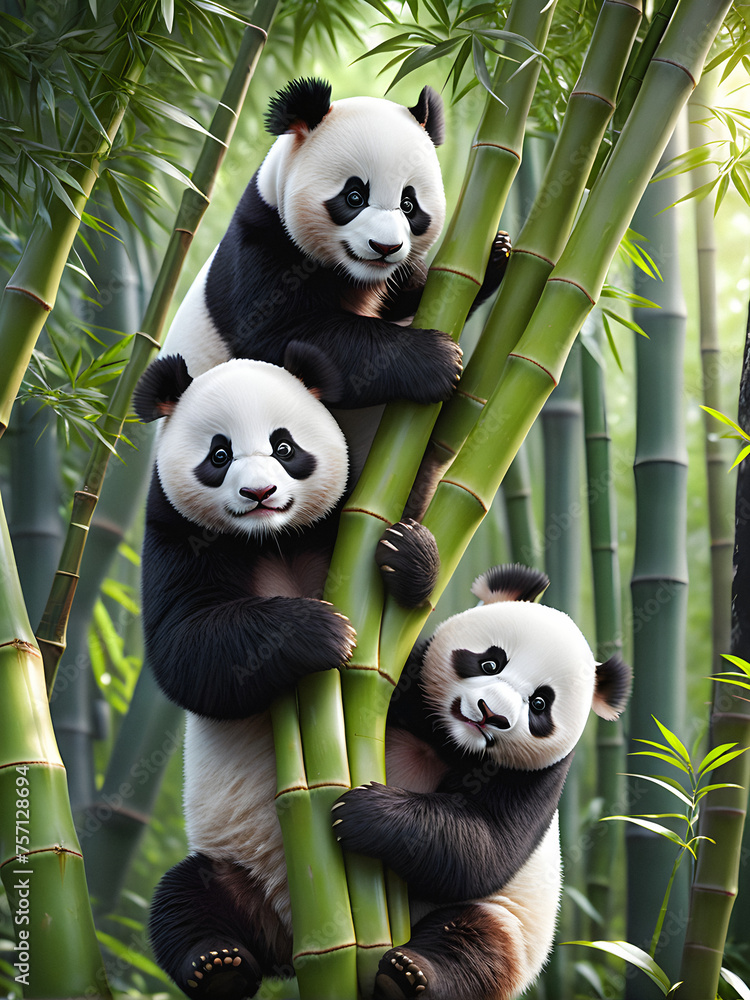 Obraz premium Fuzzy Climbers: Red Pandas Frolic in Lush Bamboo Forest. generative AI