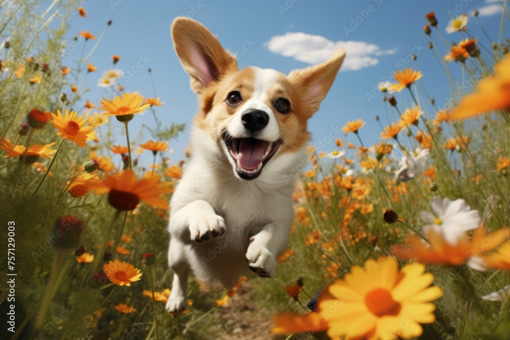 Playful puppy in wildflower field