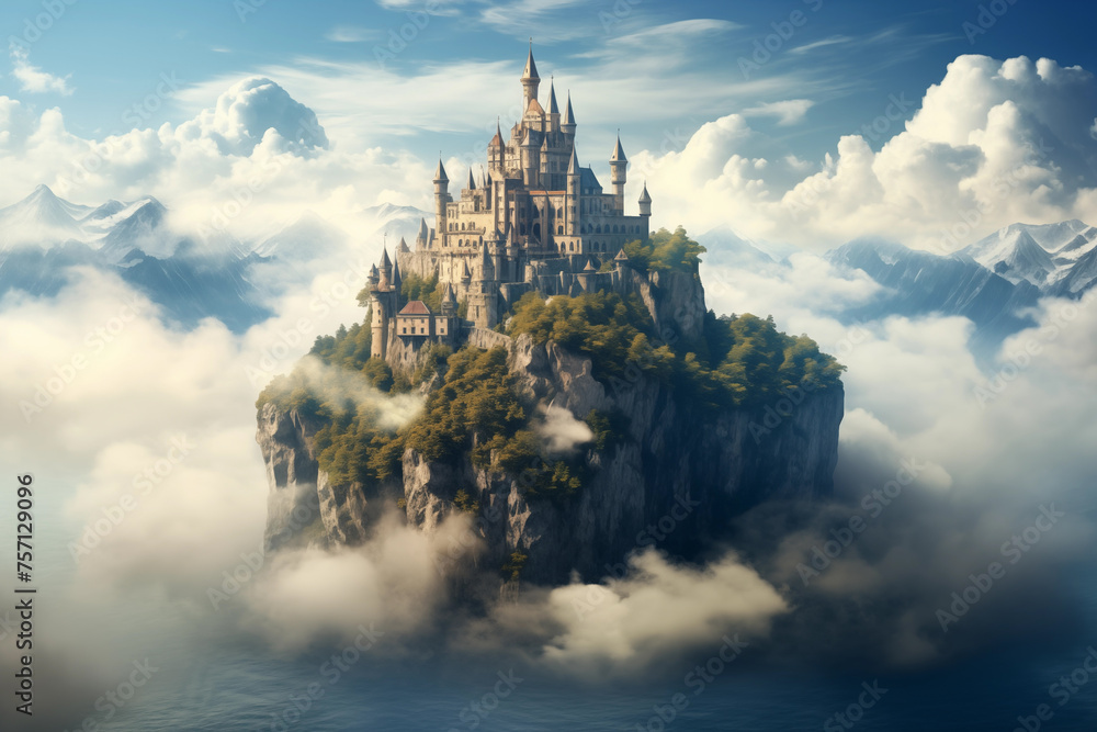 Majestic castle perched on floating island amidst clouds. Generative AI - obrazy, fototapety, plakaty 