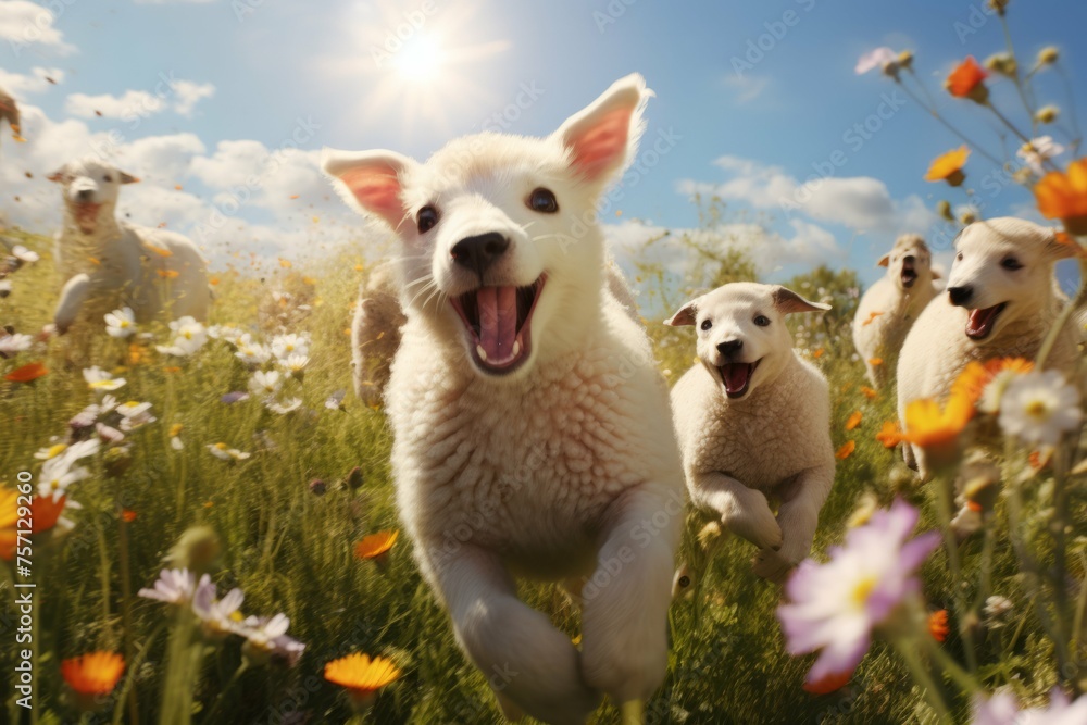 Playful lambs in a sunlit meadow Playful lambs in a sunlit meadow