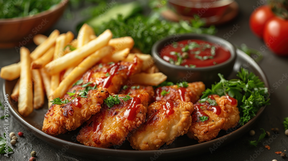 Crispy fried chicken tenders and french fries on table. Crispy fried chicken tenders and french fries on table.