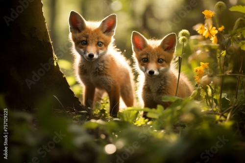 Curious fox cubs in a sunlit woodland © Michael Böhm