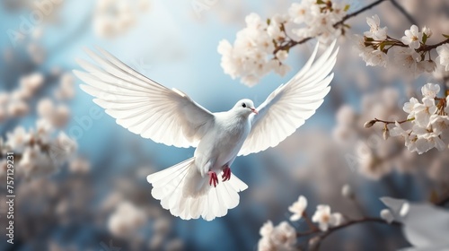 Serene image of a flying white dove in a lush blossoming garden for a peaceful and beautiful scene