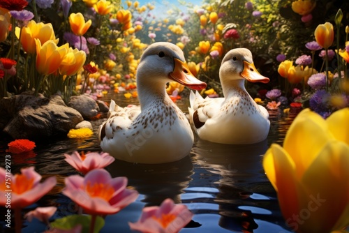 Ducks in a colorful spring garden