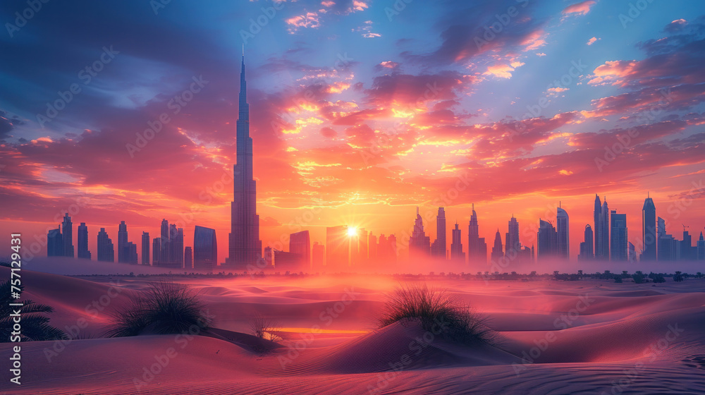 Desert in dubai city background united arab emirates beautiful sky in the morning.