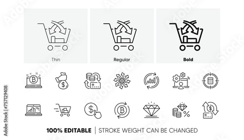 Calculator target, Shopping cart and Diamond line icons. Pack of Refresh bitcoin, Graph laptop, Cross sell icon. Bitcoin, Update data, Versatile pictogram. Money tax, Money change. Line icons. Vector