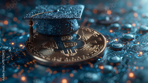 International Graduation cap on Bitcoin Cryptocurrency. Bitcoin is modern of Exchange Digital payment, Education certificate of Abroad program .modern electronic money