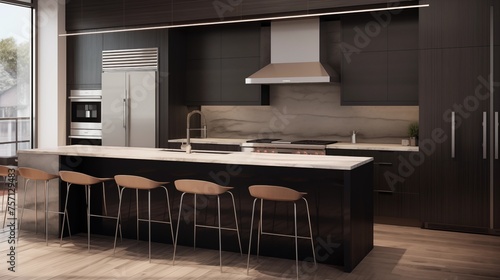 Design a modern kitchen with a waterfall countertop and sleek appliances
