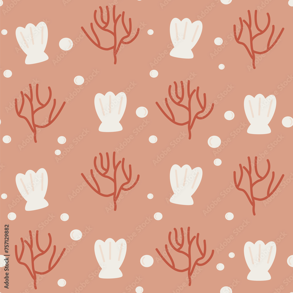 cute hand drawn sea life seamless vector pattern background illustration with red coral and seashell 