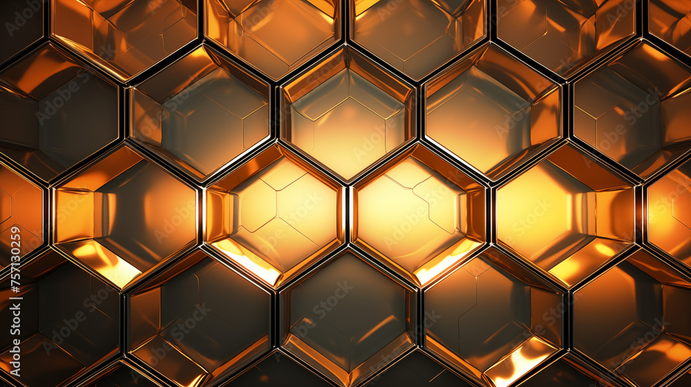 A gold and black hexagonal pattern with a shiny, metallic look - obrazy, fototapety, plakaty 