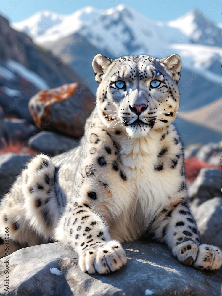 Fototapeta premium King of the Mountains: Snow Leopard Surveys His Snowy Realm. generative AI