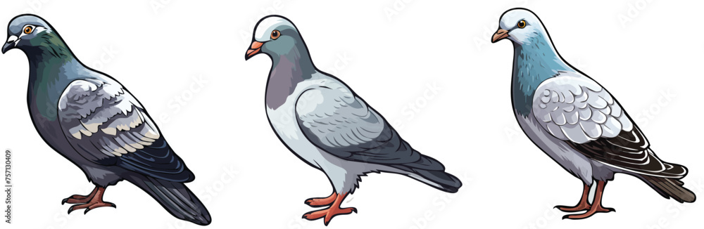 Fototapeta premium Pigeons set isolated on white background. Pigeons in cartoon style. Vector illustration.