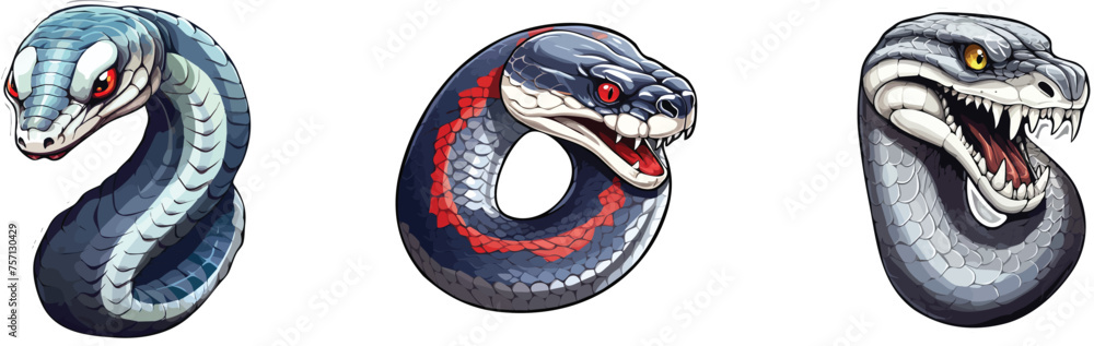 Obraz premium Snake set. Vector illustration of a snake with a sharp teeth.