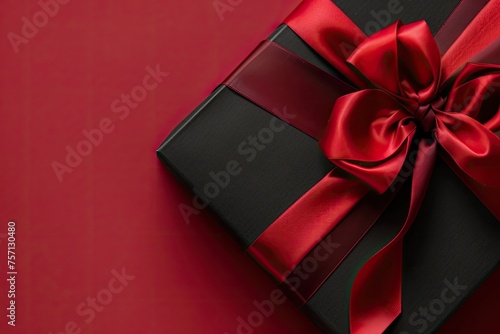 A luxurious black gift box adorned with a vibrant red satin ribbon