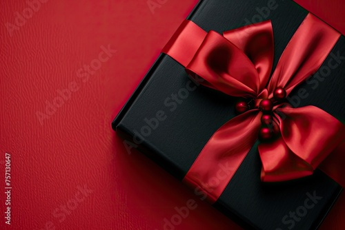 A luxurious black gift box adorned with a vibrant red satin ribbon