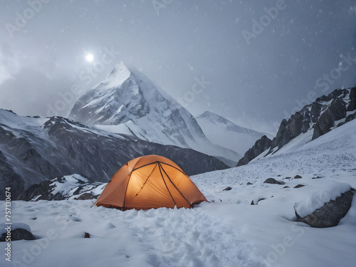 snowy mountains. Battling the Blizzard: Tent Stands Strong Against Snowy Peaks. generative AI © EVISUAL