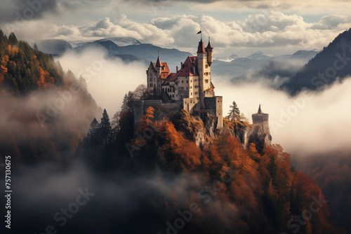 Vintage castle on top of misty mountain. Generative AI