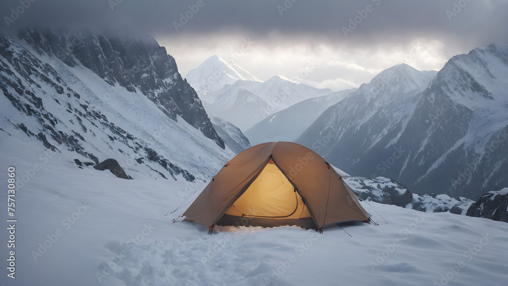 snowy mountains. Battling the Blizzard: Tent Stands Strong Against Snowy Peaks. generative AI