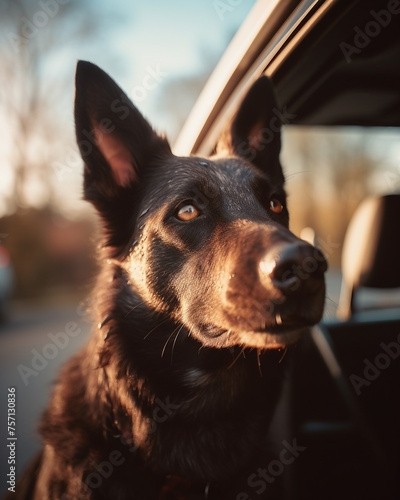 dog peeks out of car window on the way, peach tones сreated with Generative Ai