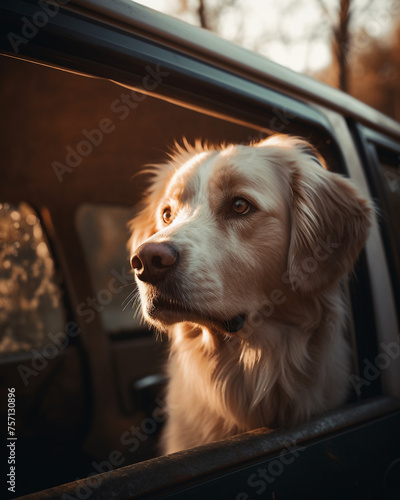 dog peeks out of car window on the way, peach tones сreated with Generative Ai © Andrii Yablonskyi