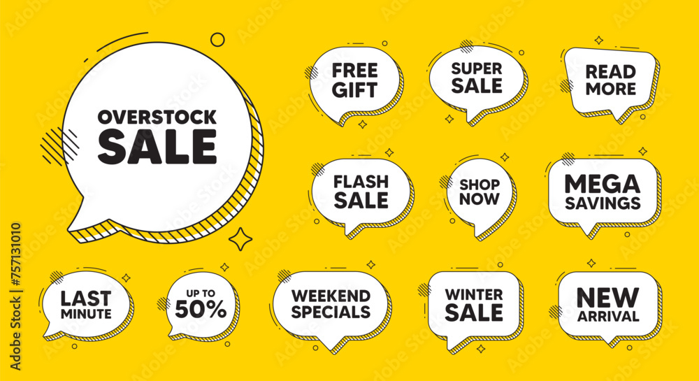 Obraz premium Offer speech bubble icons. Overstock sale tag. Special offer price sign. Advertising discounts symbol. Overstock sale chat offer. Speech bubble discount banner. Text box balloon. Vector