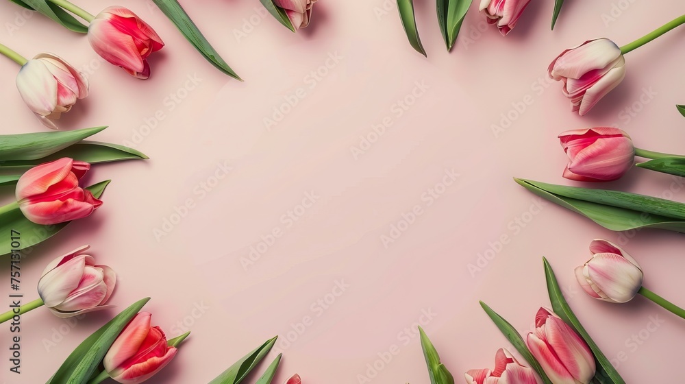 Vibrant red tulips arranged on a soft background, creating a fresh and cheerful springtime frame with copy space