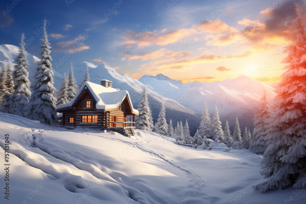 Naklejka premium Wooden house over snow-covered valley in mountain. Generative AI