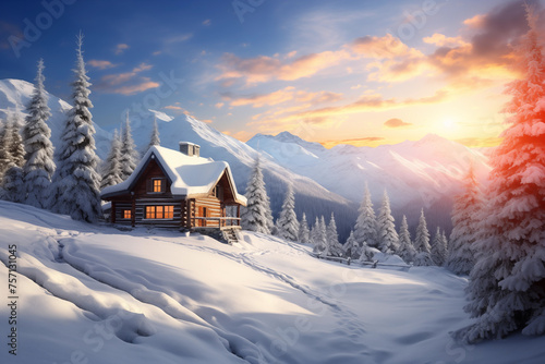 Wooden house over snow-covered valley in mountain. Generative AI © Nomad_Soul