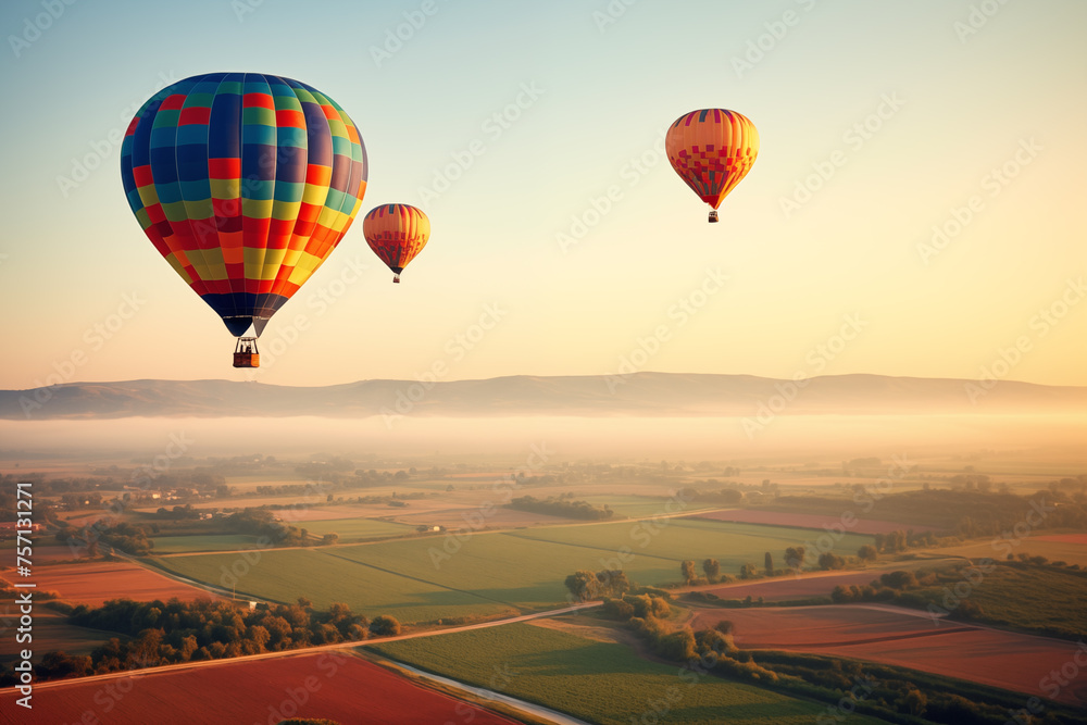 Colorful hot air balloon riding over patchwork fields. Generative AI
