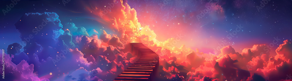 Stairway to heaven in vibrant celestial dreamscape. - obrazy, fototapety, plakaty 