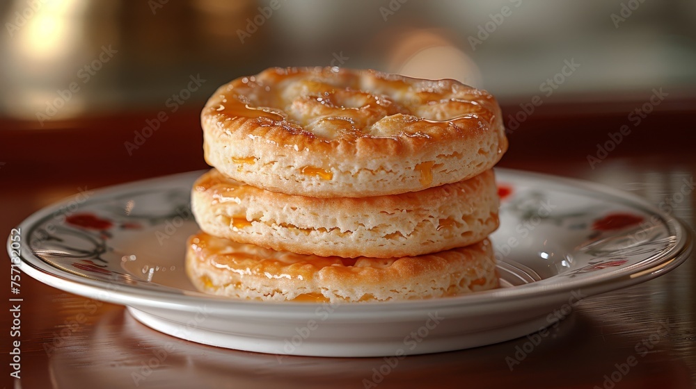 a stack of three biscuits sitting on top of a white plate on top of a wooden table next to a cup of coffee. a stack of three biscuits sitting on top of a white plate on top of a wooden table next to a cup of coffee.