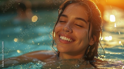 Smiling woman in pool with water droplets on face, sun shining in background on a sunny day by the pool © VICHIZH