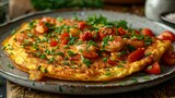 an omelet with shrimp, tomatoes, and chives on a metal platter on a wooden table.