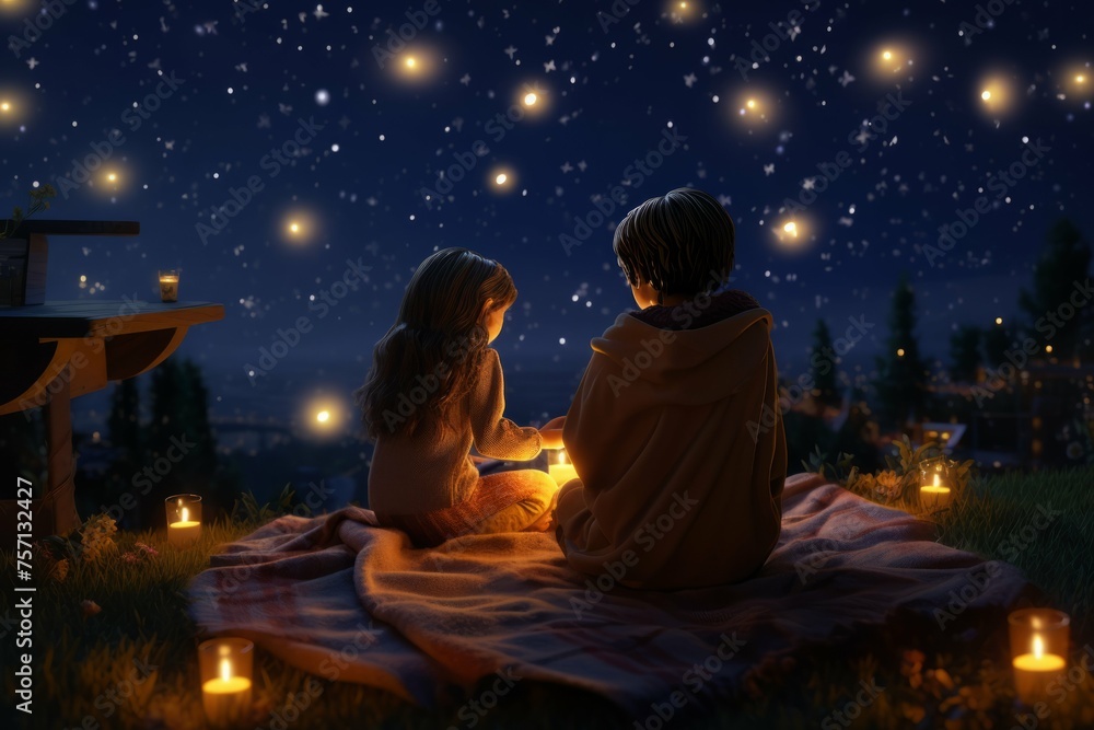 Kids making wishes and releasing lanterns into the night sky on New Year's Eve. Kids making wishes and releasing lanterns into the night sky on New Year's Eve.