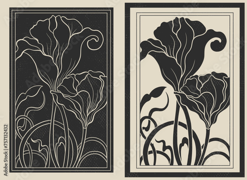 Art nouveau style flower plant motif template. 1920-1930 years vintage design. Symbol motif art deco design.