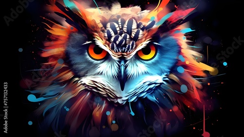 Neon owl against a dark background detailed hyperrealism 