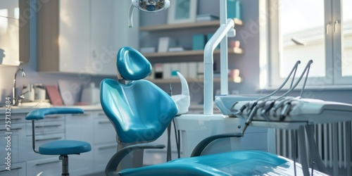Modern medical dental office. Dental chair and tools for treatment and removal of teeth. photo