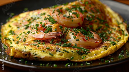 a black plate topped with a omelet covered in shrimp and garnished with green sprinkles. photo