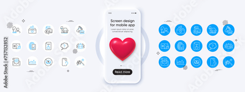 Phone mockup with 3d heart icon. Armchair, No cash and Growth chart line icons. Pack of Approved document, Burger, Donation icon. Smartphone recovery, Love letter, Card pictogram. Vector