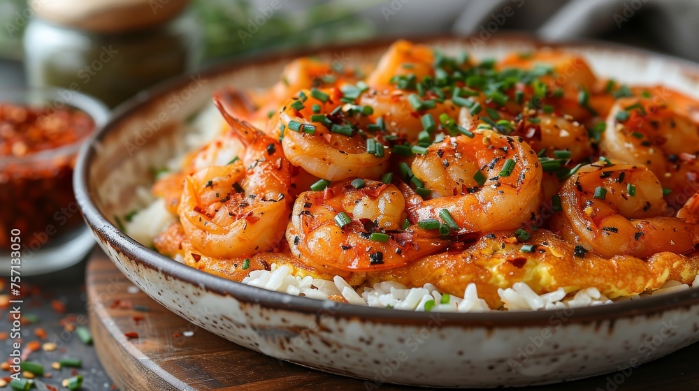 a bowl of shrimp and rice with garnishes on a wooden cutting board next to a bowl of seasoning. a bowl of shrimp and rice with garnishes on a wooden cutting board next to a bowl of seasoning.