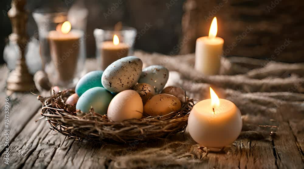 Easter eggs and candles on a wooden table in a rustic style Easter eggs and candles on a wooden table in a rustic style