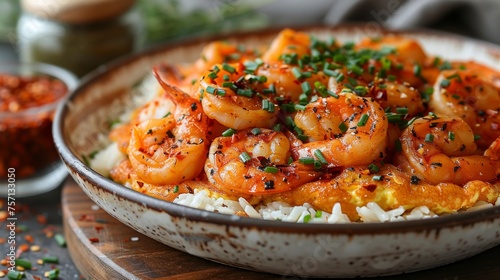 a bowl of shrimp and rice with garnishes on a wooden cutting board next to a bowl of seasoning. © Nadia