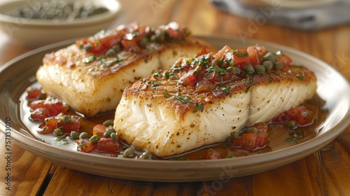 two fish fillets with tomatoes and capers on a plate on a wooden table next to a bowl of salt and pepper. photo
