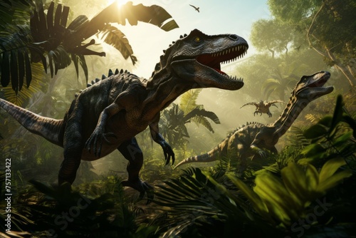 Velociraptors hunting in a dense jungle